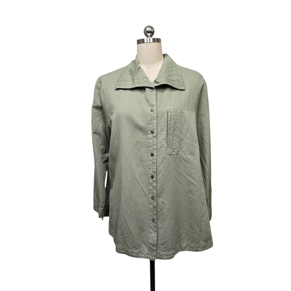 Poetry Sage Green Cotton Linen Blend Button Down Shirt US 12 Relaxed Fit Utility
